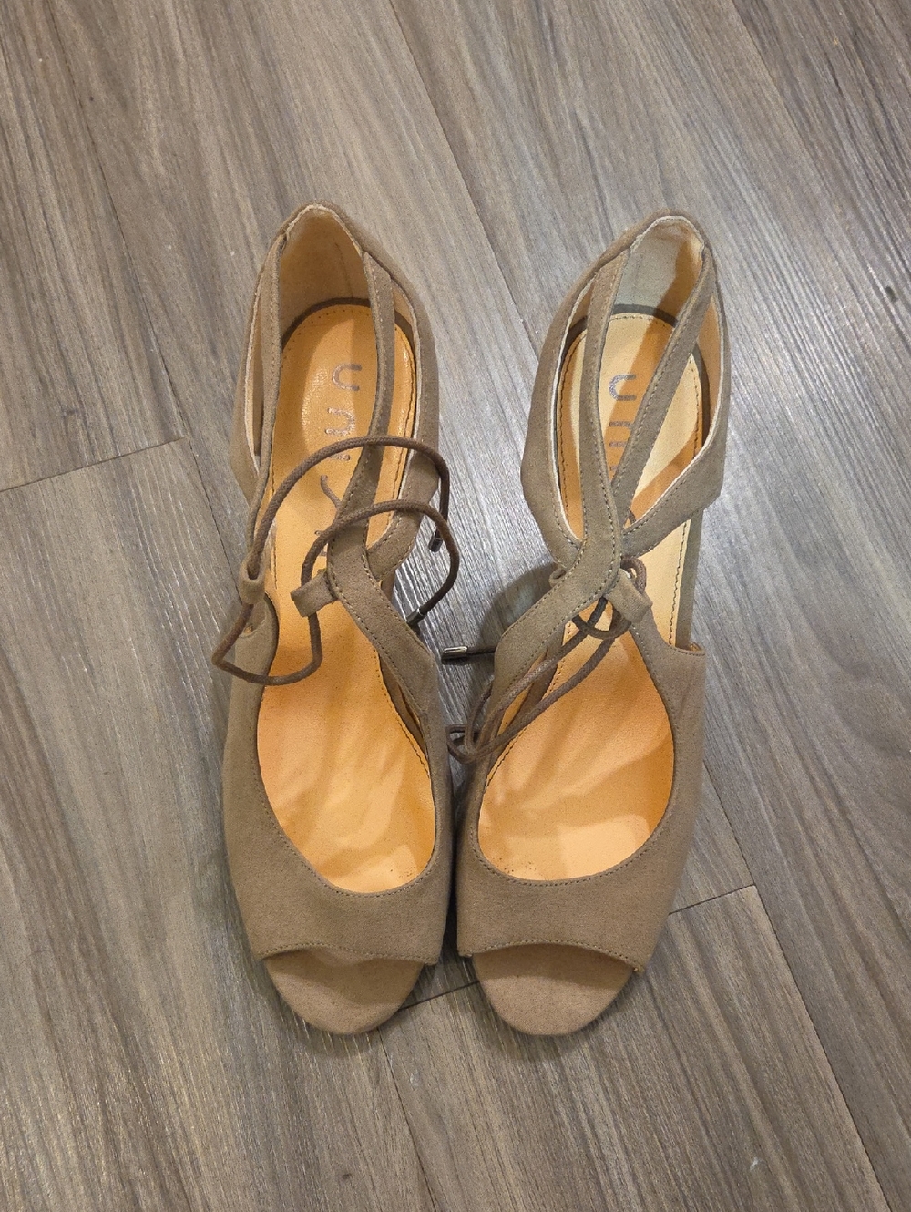 Unisa Taupe Suede Peep-Toe Lace-Up Heels
